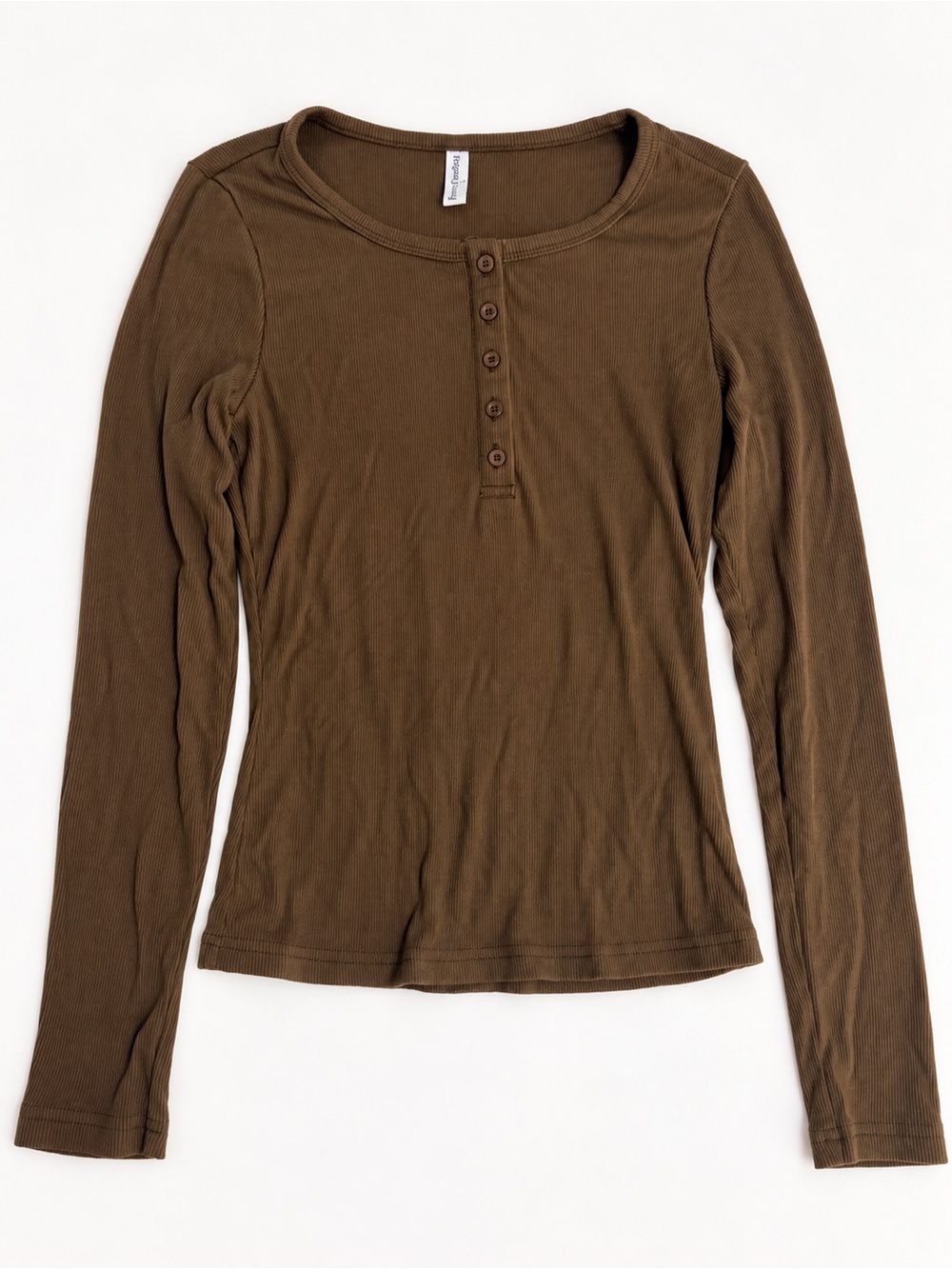 Ribbed Long Sleeve Henley Top in Brown